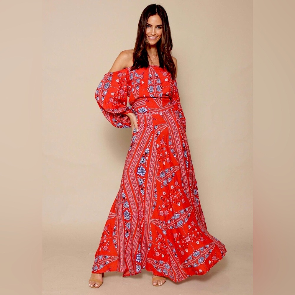 Jaase Rose Folklore Avalon red floral top & Madison maxi skirt set size Small